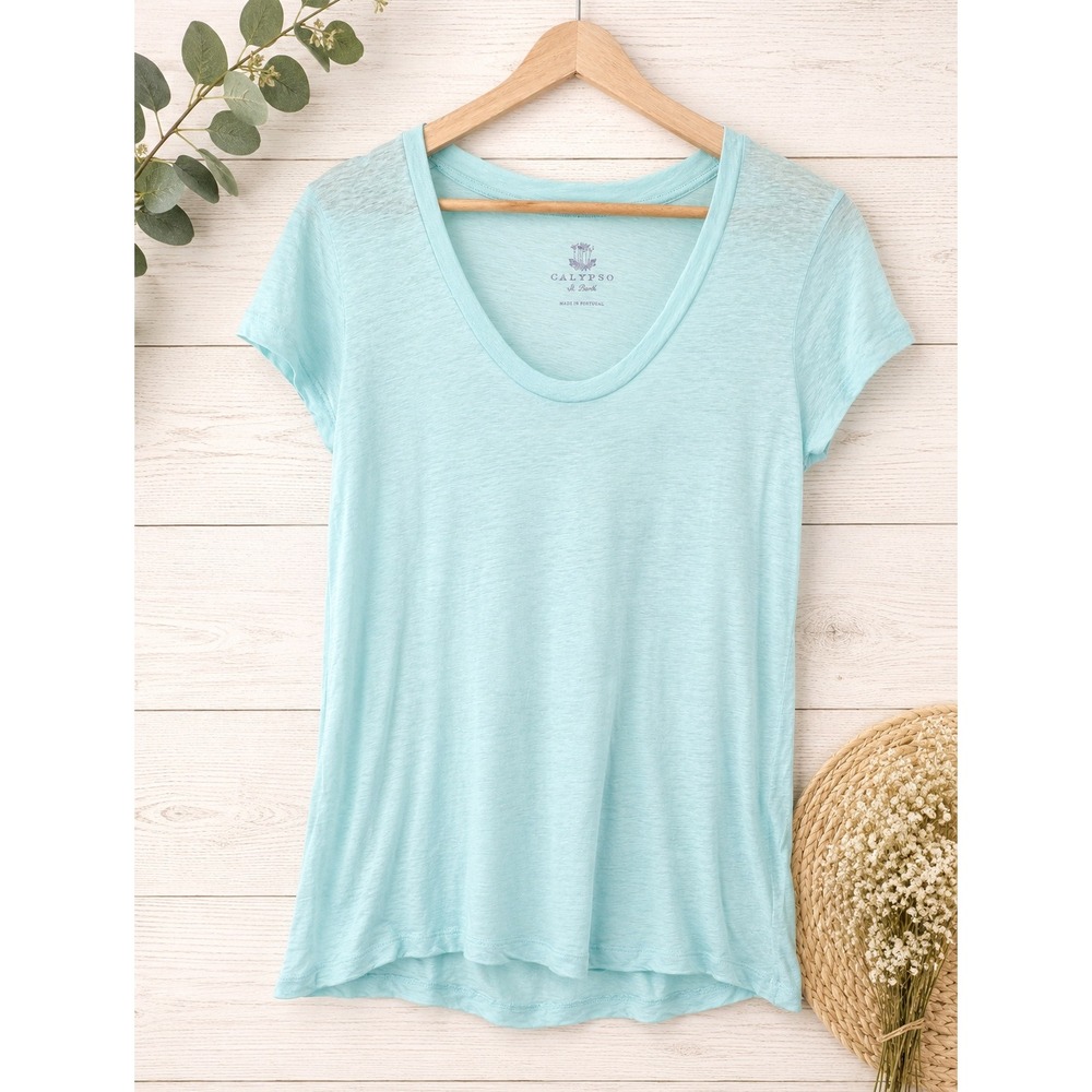 Calypso St. Barth T-Shirt Womens XS Light Blue Linen Scoop Neck Short Sleeve